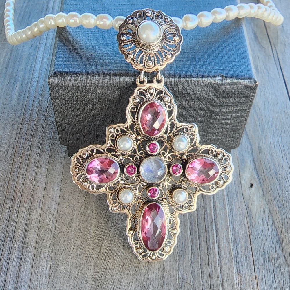 Nicky Butler Sterling Silver Pink Quartz Rhodolite Cross Pendant Pearl Necklace - Picture 1 of 16